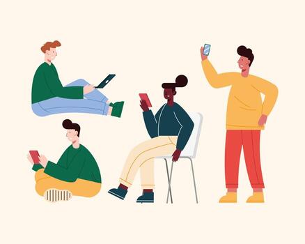 five persons using devices vector