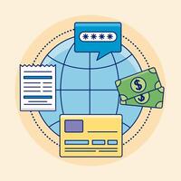 global sphere with online payments icon set vector