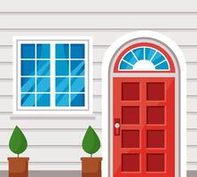 red front door window and plants vector