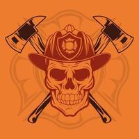 Cráneo de bombero con casco y hachas. vector