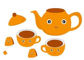 illustration of a teapot, cup and instant tea, with a warm orange and brown color combination