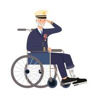 hombre veterano en silla de ruedas saludando vector