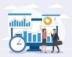 businesspeople and computer with infographics vector