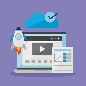 laptop rocket document and cloud computing vector