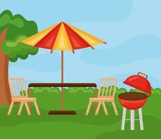 table with umbrella and grill vector