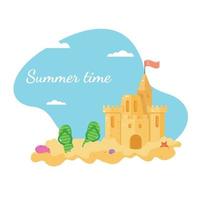 Summer greeting card. Summer time. Sand castle on the beach.