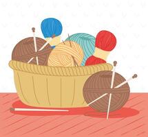 Knitting thread and yarns with needles in basket vector