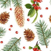 Christmas and New Year seamless pattern with spruce, red berries and cones. The nature of the forest. Stock Vector Illustration on a white background.