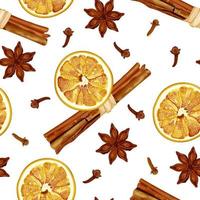 Seamless pattern with cinnamon sticks, dried orange slices, aniseed stars and cloves. Christmas and New Year spices. Stock vector illustration isolated on white background.