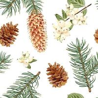 Christmas and New Year seamless pattern with spruce, snowberry and cones. The nature of the forest. Stock Vector Illustration on a white background.