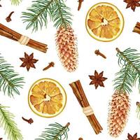 Christmas and New Year seamless pattern with fir branches, pine cones, cinnamon, dried oranges, anise stars, and cloves. Christmas decoration. Stock vector illustration on a white background.