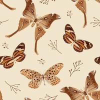 Seamless pattern with butterflies and moths in brown palette. The moth is a mystical symbol and talisman. Stock vector illustration.