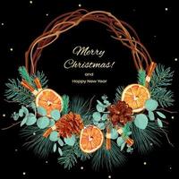 Christmas wreath with fir, pine, eucalyptus branches, pine cones and dried oranges. New Year card, invitation, banner. Stock vector illustration on a black background.