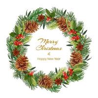 Christmas and New Year wreath with spruce branches, pine cones, red berries and anise stars. Holiday greeting card. Stock Vector illustration isolated on a white background.