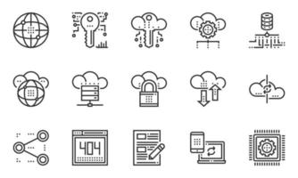 Vector de iconos de servicios de tecnología de datos en la nube, red, análisis, información,