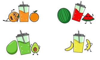 Establecer frutas y jugos con carácter. vector