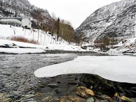 Winter landscape frozen river lake fjord, ice banks, Norway. photo