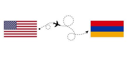 Vuelo y viaje desde EE. UU. a Armenia en avión de pasajeros concepto de viaje vector