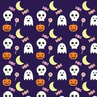 Halloween themed seamless pattern, with skulls, crescents, pumpkins, candy, lollipops and ghosts, on a purple background. vector