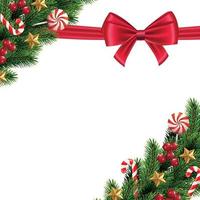 Christmas and garland and border of realistic red ribbon Christmas tree branches decorated with Berries, stars and beads. Vector illustration.