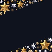 Tarjeta de felicitación de Navidad y año nuevo con cenefa de estrellas doradas y blancas, copos de nieve plateados, cuentas brillantes y purpurina. vector