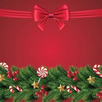 Christmas and garland and border of realistic red ribbon Christmas tree branches decorated with Berries, stars and beads. Vector illustration.