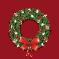 Christmas wreath with red bow and ribbon. Decorated wreath of pine branches realistic look, with berries, star and pearl decorations vector