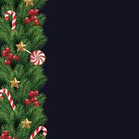 Background with Border of Realistic Looking Christmas Tree Branches Decorated with Berries, Stars and Candy Canes. vector