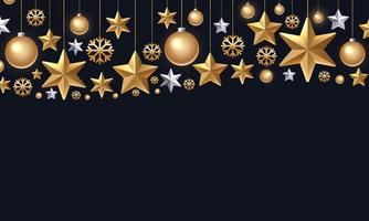 Shimmering golden snowflakes, christmas balls and stars on black background. Vector 3d illustration of glowing hanging Christmas ornament. New Year cover or banner template. Winter holiday decoration.