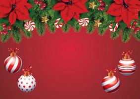 Christmas composition on a red background. Fir tree branches of with beautiful poinsettia, bows, balls on red background. Christmas, vector