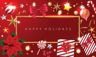 Fondo navideño navideño con estrella brillante hecha de confeti dorado, cajas de regalo y guirnaldas de luces. vector