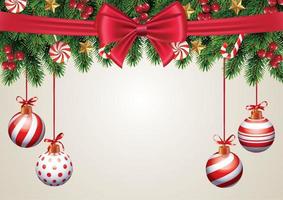 composición de fondo de vacaciones de navidad, tarjeta de felicitación de navidad con bolas colgantes y adornos de adorno de rama de abeto de cinta roja vector