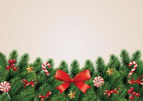 Navidad y guirnalda y borde de cinta roja realista ramas de árbol de Navidad decoradas con bayas, estrellas y cuentas. ilustración vectorial. vector