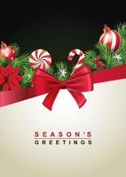 Seasons greetings card background with fir branches and red satin bow. Vector illustration.