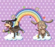 Two dogs on the cloud with rainbow on purple polka dot background vector