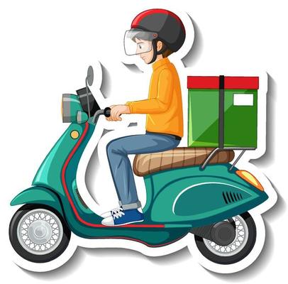 A sticker template with delivery man on motor scooter