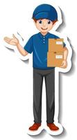 A sticker template with delivery man in uniform holding boxes vector