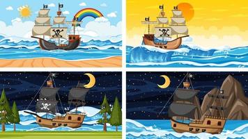 Set of ocean scenes at different times with Pirate ship in cartoon style vector