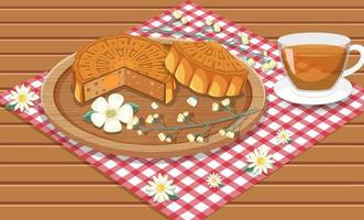 Salted egg yolk mooncake with teacup set on wooden table vector