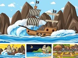 Set of different scenes with pirate ship at the sea and animals in the zoo vector