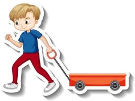 Boy pulling wagon cartoon character sticker vector