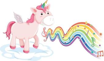 Unicorn standing on the cloud with melody symbols on rainbow wave vector