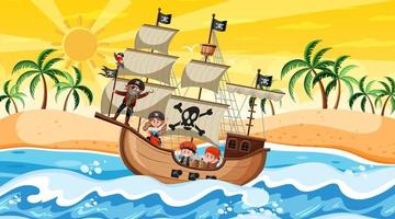 Beach at sunset time scene with pirate kids cartoon character on the ship vector