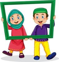 Cute muslim boy and girl photo on wooden frame vector