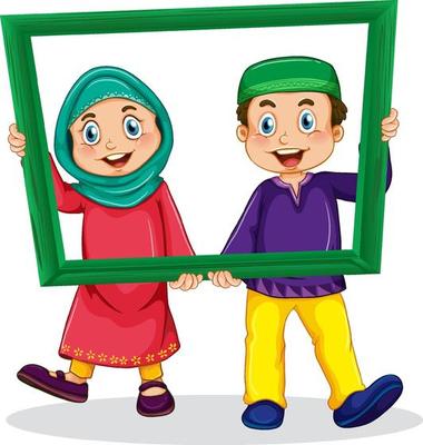 Cute muslim boy and girl photo on wooden frame