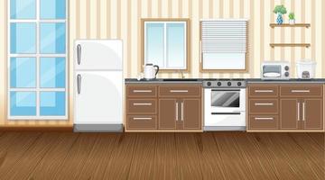 Diseño de interiores de cocina con muebles y decoraciones. vector