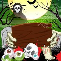 Empty wooden board on scary cemetery forest vector
