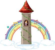 princesa en la torre con el símbolo de la melodía en el arco iris vector