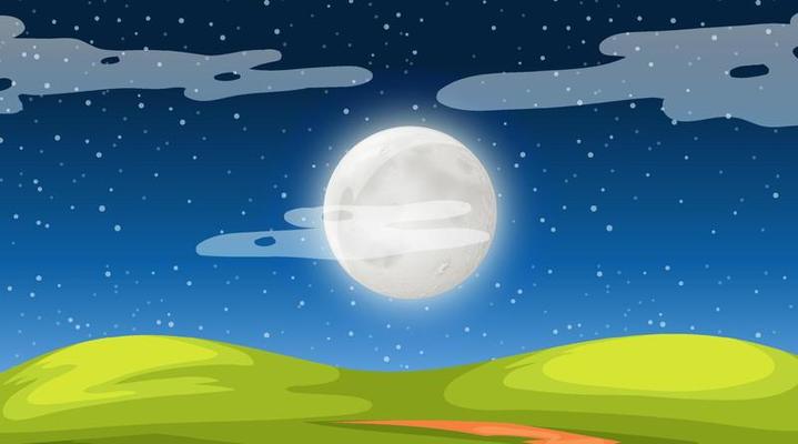 Blank meadow landscape scene at night with super moon