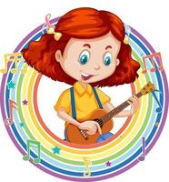 una niña tocando la guitarra en el marco redondo del arco iris con símbolos de melodía vector